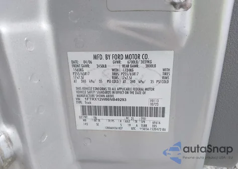 2006 Ford F-150 Stx/Xl/Xlt z USA, uszkodzony, nr VIN 1FTRX12W86NB49293